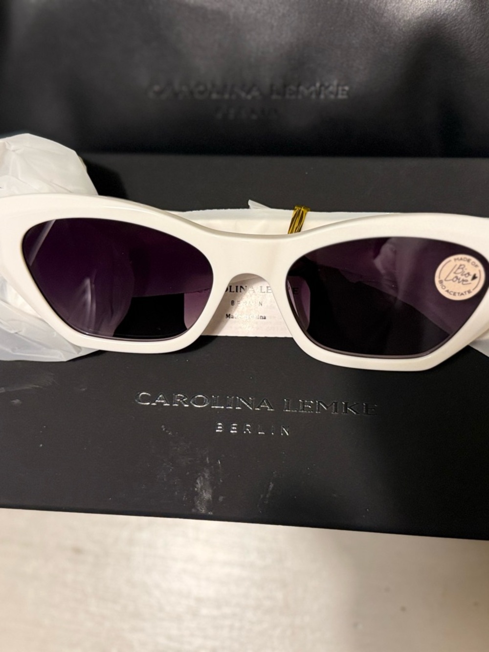 Carolina Lemke White Cat-Eye Sunglasses with Dark Lenses